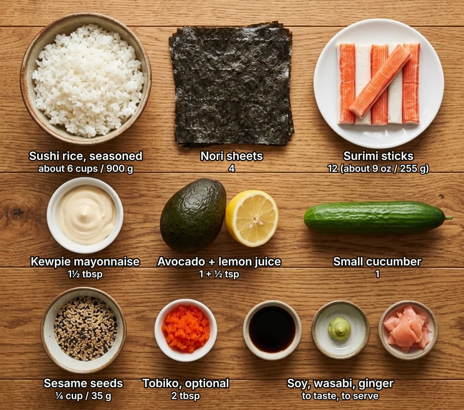 California roll ingredients laid out overhead on a wooden counter and labelled with quantities: a bowl of seasoned sushi rice, a stack of nori sheets and a plate of surimi sticks across the top; a bowl of Kewpie mayonnaise, a whole avocado beside a lemon half, and a small cucumber in the middle; a bowl of white and black sesame seeds, a bowl of orange tobiko, and small dishes of soy sauce, wasabi and pickled ginger below.