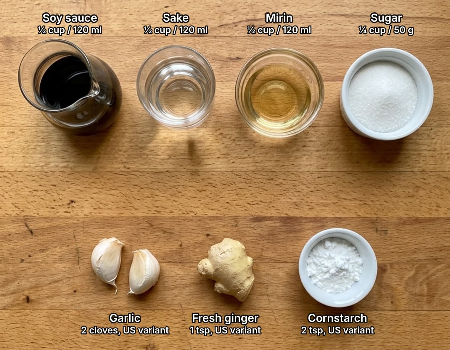 Teriyaki sauce ingredients laid out overhead on a wooden counter and labelled with quantities: a small jug of soy sauce, a glass of sake, a bowl of mirin and a bowl of sugar across the top; two garlic cloves, a knob of fresh ginger and a small bowl of cornstarch for the American variant below.