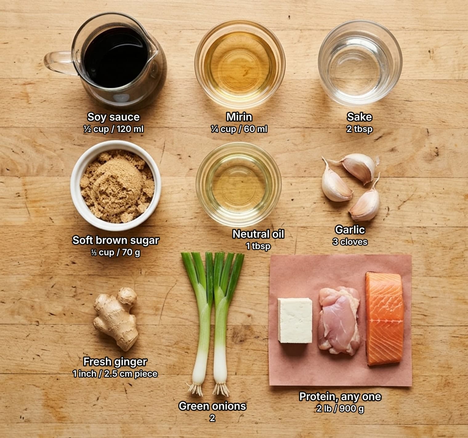 Teriyaki marinade ingredients laid out overhead on a wooden counter and labelled with quantities: a small jug of soy sauce, a bowl of mirin and a glass of sake across the top; a bowl of soft brown sugar, a dish of neutral oil and three garlic cloves in the middle; a knob of fresh ginger, two green onions, and a block of tofu, a raw chicken thigh and a raw salmon fillet on butcher paper below.