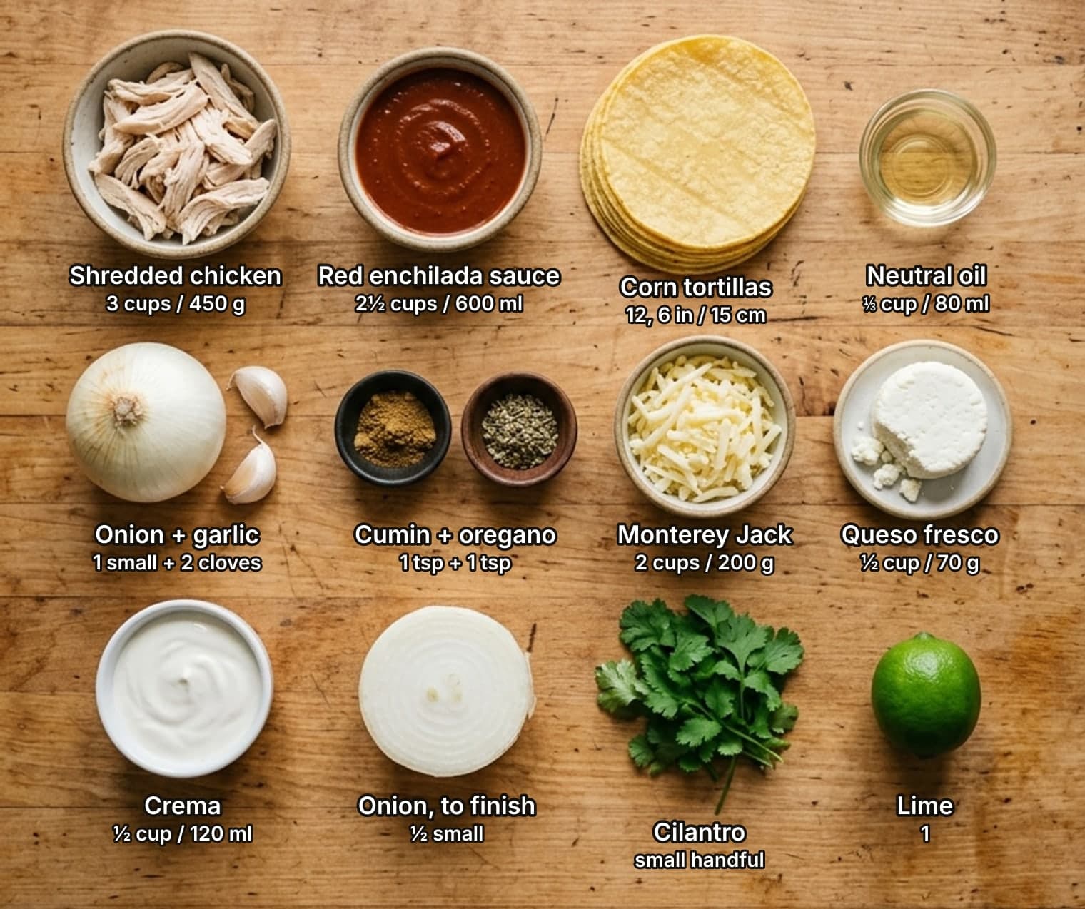 Chicken enchilada ingredients laid out overhead on a wooden counter and labelled with quantities: a bowl of shredded cooked chicken, a bowl of red enchilada sauce, a stack of corn tortillas and a dish of neutral oil across the top; a white onion with garlic cloves, pinch bowls of ground cumin and dried oregano, a bowl of grated Monterey Jack and a round of queso fresco in the middle; a bowl of crema, half a white onion, a bunch of cilantro and a lime below.