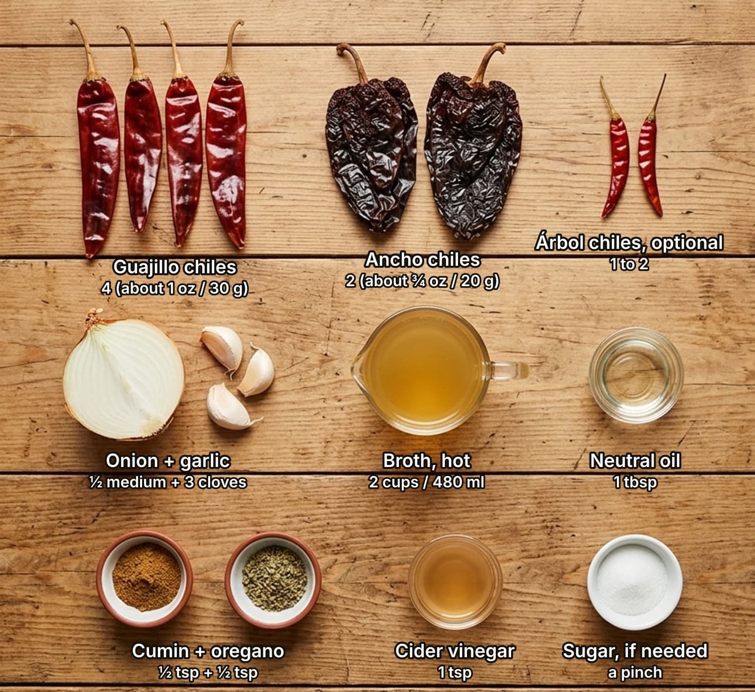 Enchilada sauce ingredients laid out overhead on a wooden counter and labelled with quantities: four dried guajillo chiles, two dark wrinkled ancho chiles and two slim red chiles de árbol across the top; half a white onion with unpeeled garlic cloves, a glass jug of broth and a small dish of oil in the middle; bowls of ground cumin and dried oregano, a small dish of cider vinegar and a bowl of sugar below.