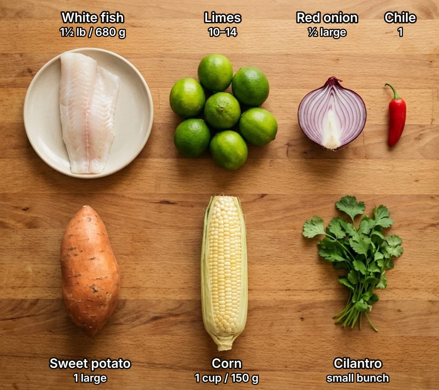 Ingredients for Peruvian ceviche laid out overhead on a wooden kitchen counter and labelled with quantities: a white fish fillet on a plate, a cluster of limes, half a red onion and a red chile for the marinade, with a sweet potato, an ear of corn and a bunch of cilantro for the sides.