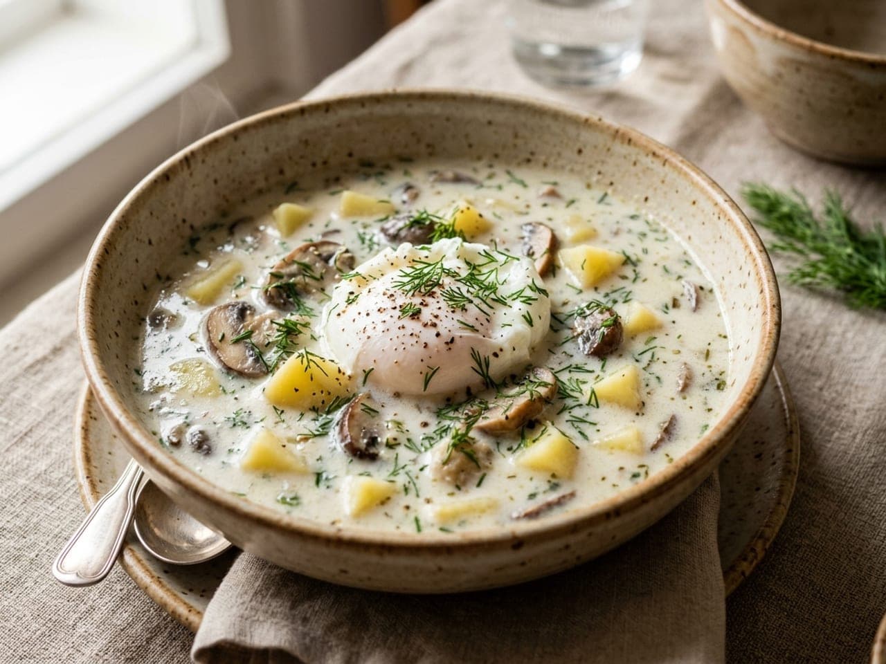 Kulajda (creamy dill and potato soup with poached egg)