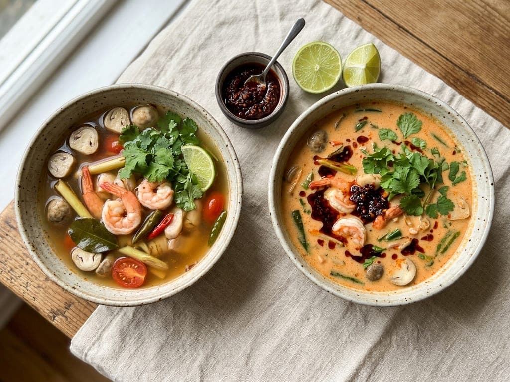 Tom Yum — Clear and creamy, side by side