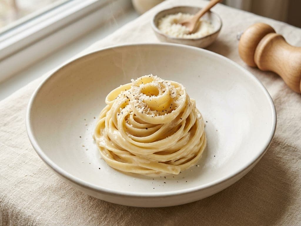 A tall, tight nest of fettuccine alfredo in a wide warm-white bowl, glossy with cream sauce and topped with coarse Parmigiano and cracked black pepper, no herbs