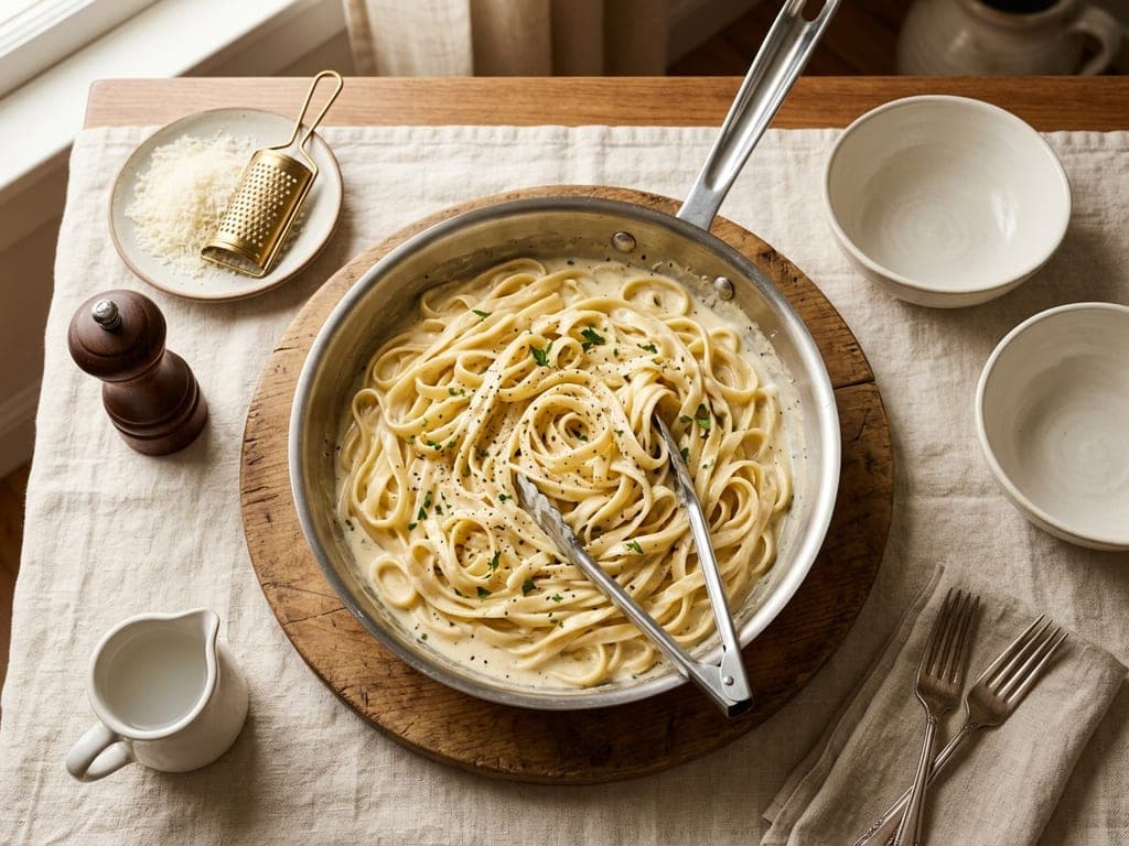 Overhead view of a stainless skillet of fettuccine alfredo on a wooden board mid-table, tongs in the pasta and the handle turned away from the near edge, with grated Parmigiano, a pepper mill, a small pitcher and two empty bowls around it