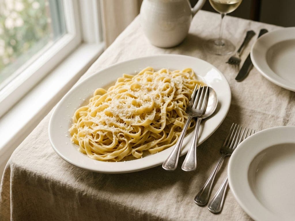Fresh egg fettuccine tossed with butter and finely grated Parmigiano on a white oval platter, a serving fork and spoon resting on it and two warm plates beside it