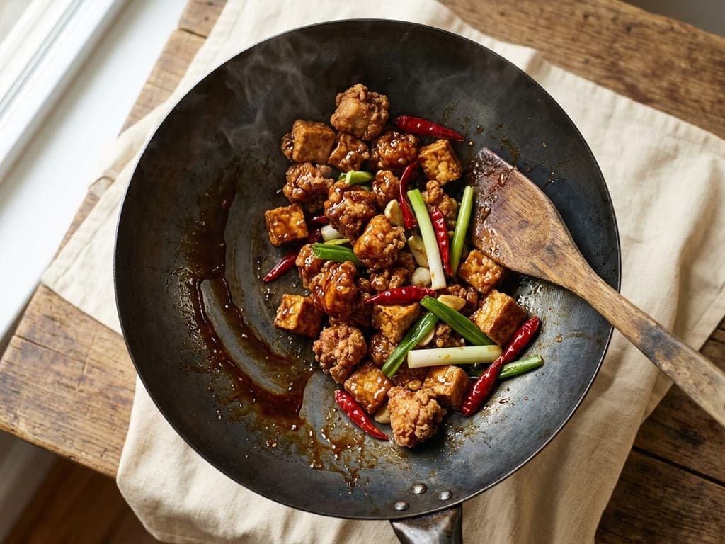 General Tso Sauce — The toss, caught mid-lacquer