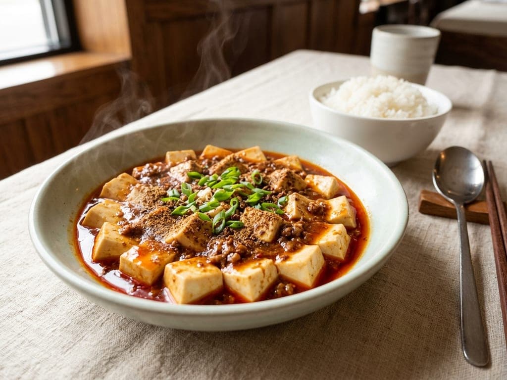 Mapo tofu in a wide, shallow celadon bowl, the tofu cubes intact and separate under a glossy red sauce, ground Sichuan pepper and sliced green onion scattered over and left unstirred