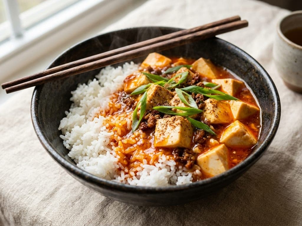 A single serving bowl with steamed white rice on one side and mapo tofu ladled over the other, the red sauce staining the rice where the two meet