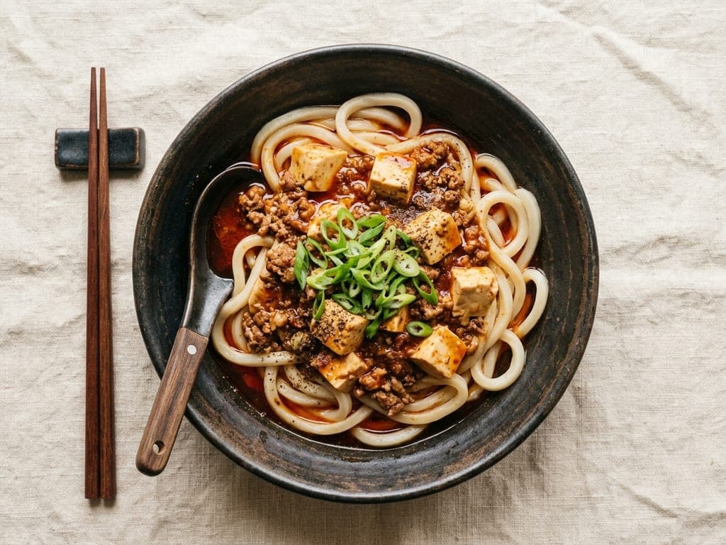 Mabo udon: thick white udon noodles coiled in a dark stoneware bowl with a looser mapo sauce ladled across the centre, cubes of tofu and crumbled meat showing through, sliced green onion on top, wooden chopsticks alongside