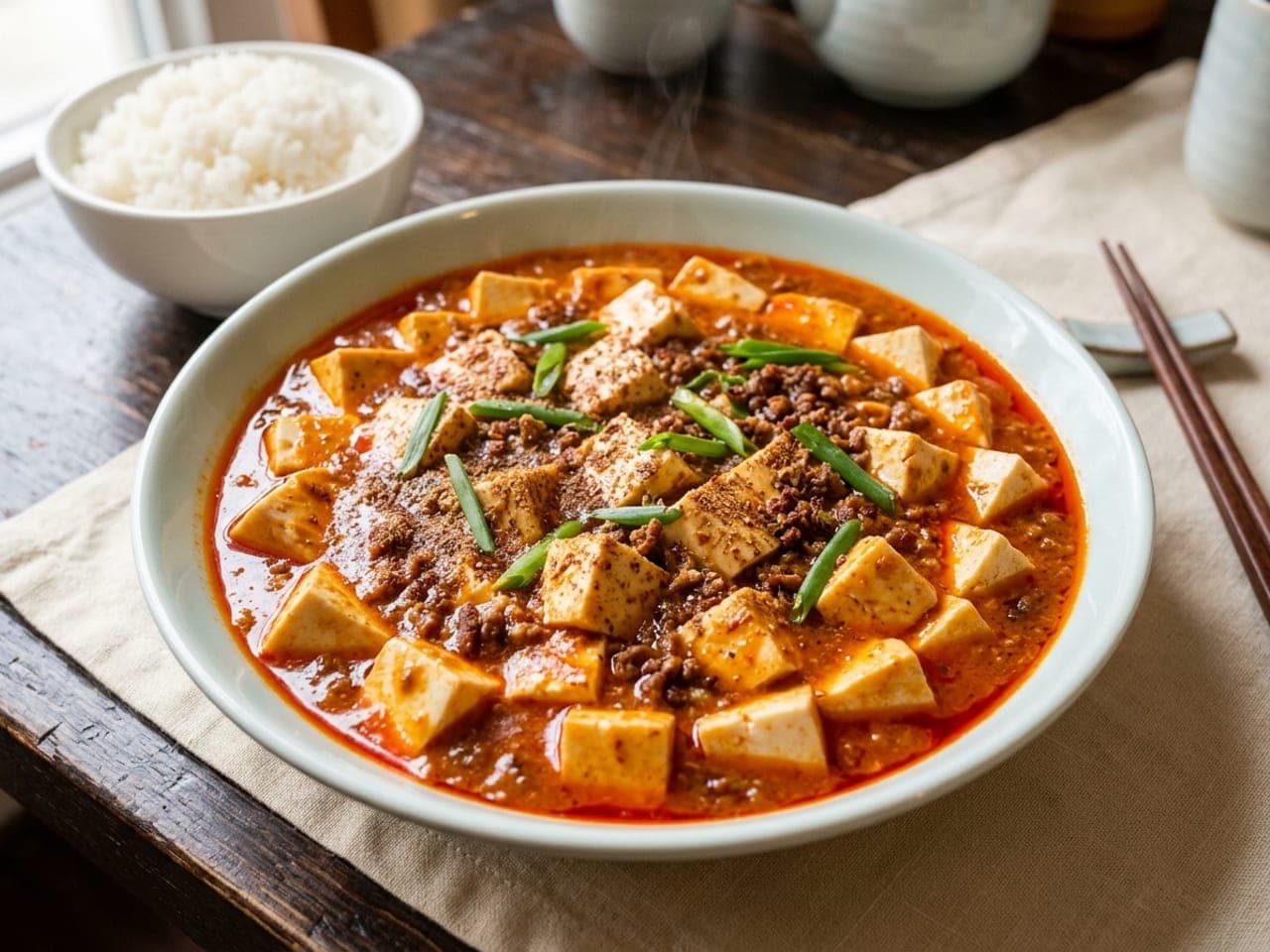 Mapo tofu in a wide, shallow celadon bowl: cubes of soft white tofu intact in a glossy red chili-oil sauce with crumbled beef, dusted with ground Sichuan pepper and scattered with sliced green onion tops, a bowl of steamed white rice behind on a wooden table