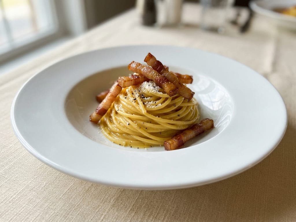 A tall nest of spaghetti carbonara in a wide-rimmed white bowl, glossy with pale-gold egg and Pecorino sauce, crisp batons of guanciale on and around the crown and a snow of grated Pecorino on top