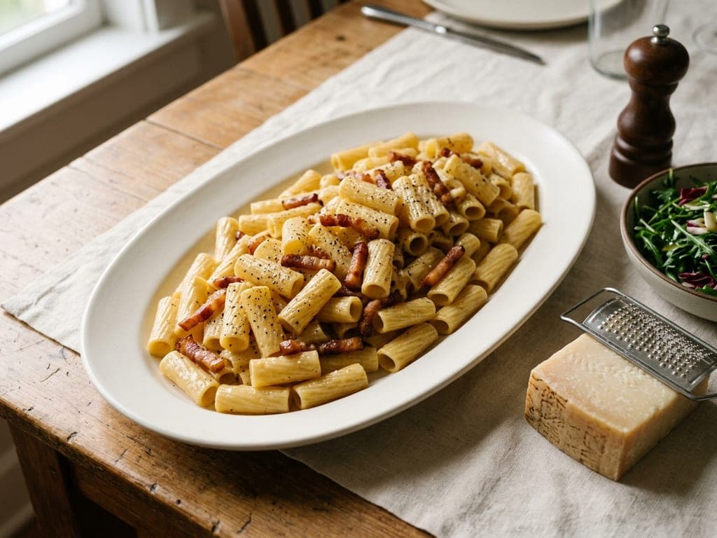 Spaghetti Carbonara — The family platter with rigatoni