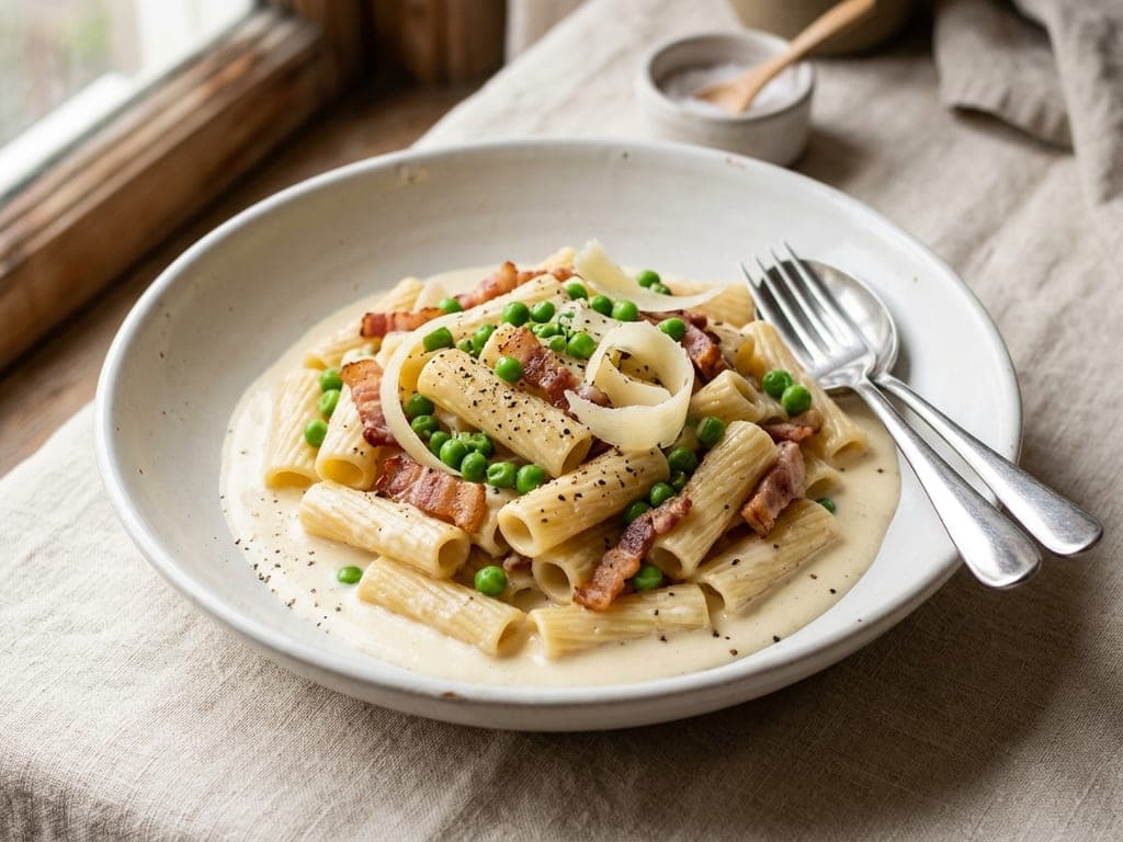 Carbonara Sauce — Rigatoni in a wide bowl, the creamy version