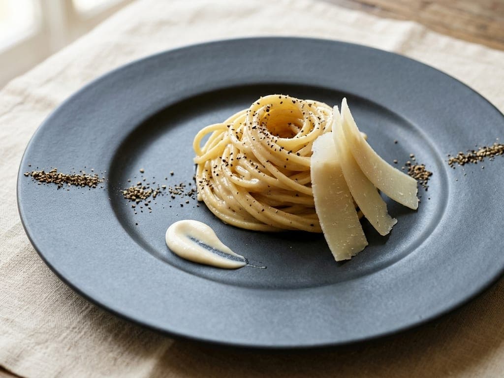 Cacio e Pepe — The charcoal plate with a pepper line