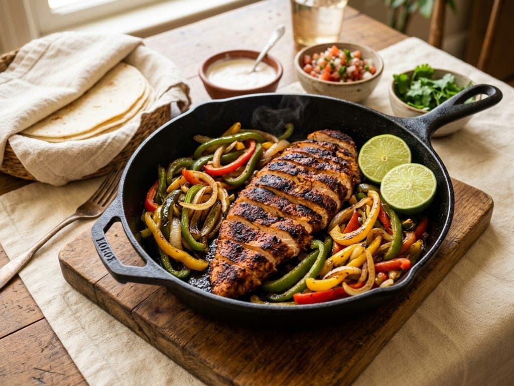 Chicken Fajitas — The sizzling skillet, table center