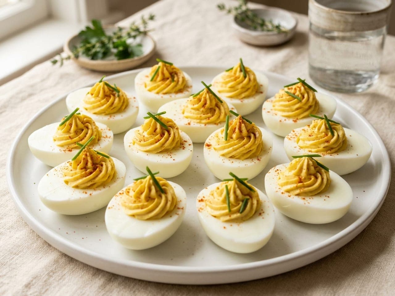 Classic deviled eggs with piped yolk filling, dusted with paprika and chives, on a white platter
