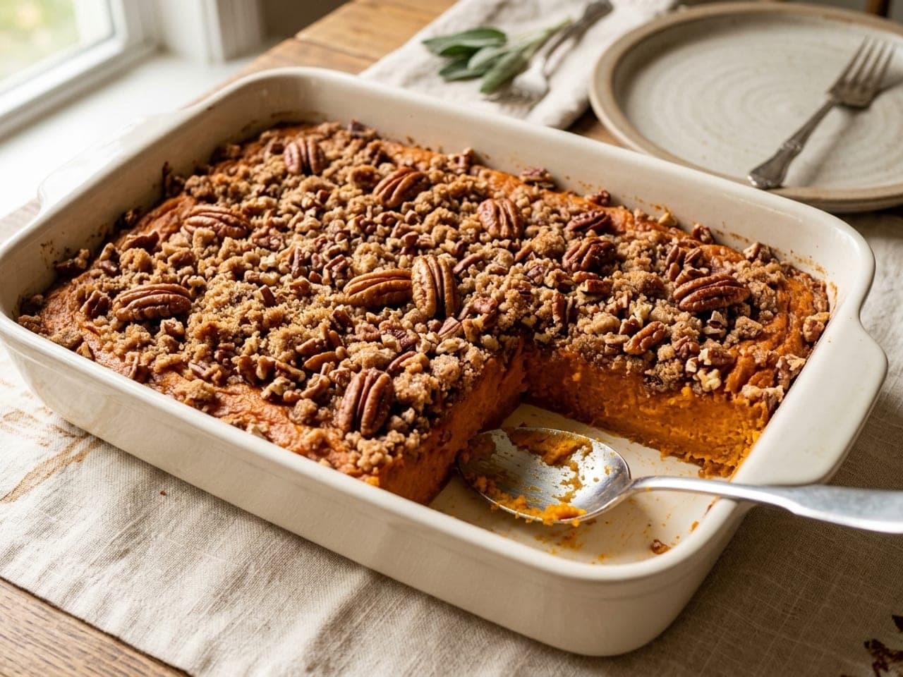 Sweet potato casserole with a golden pecan streusel in a white baking dish, one corner scooped out to show the bright orange filling