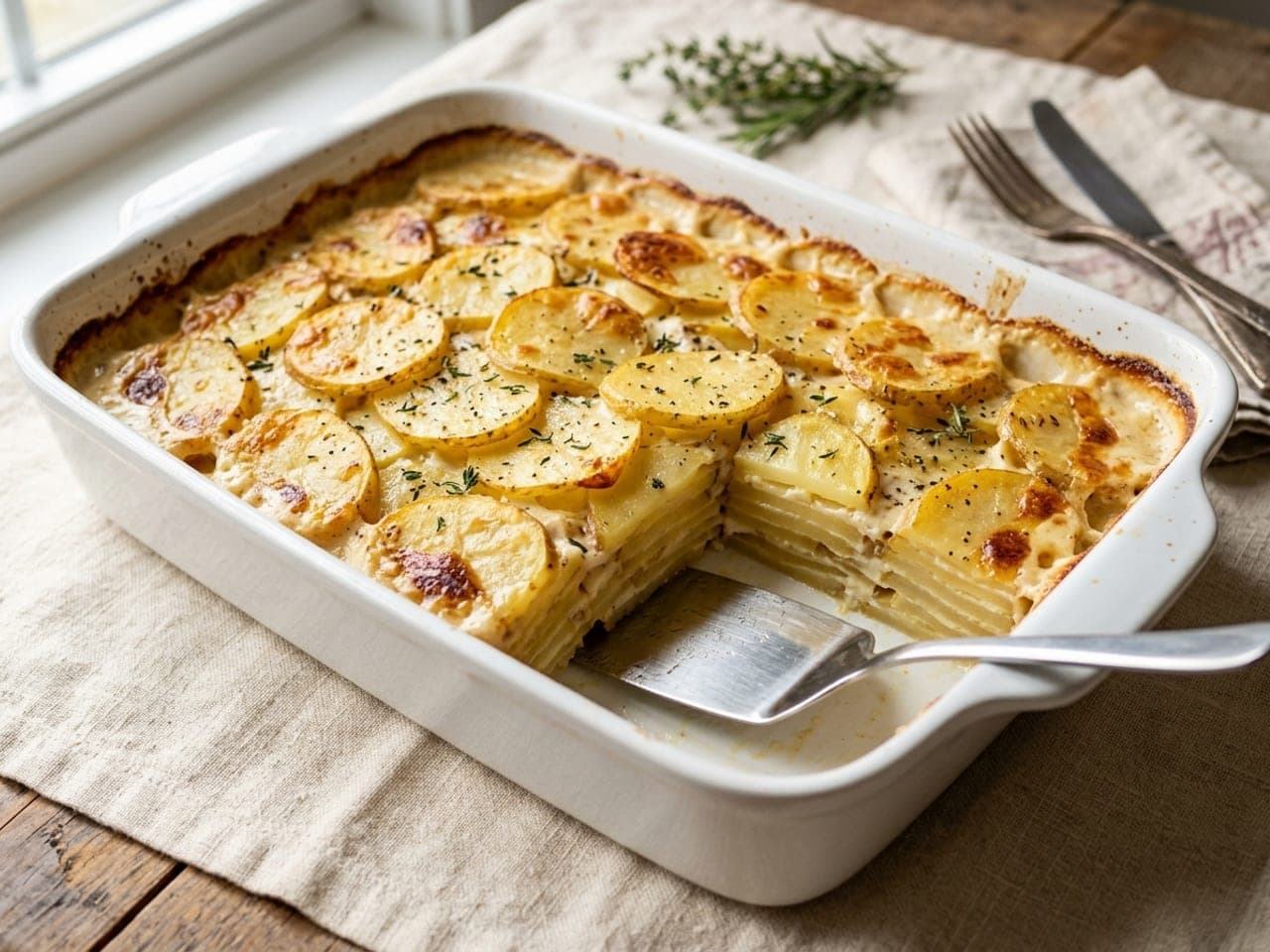 Scalloped potatoes in a baking dish, thin potato slices in a creamy sauce under a golden top
