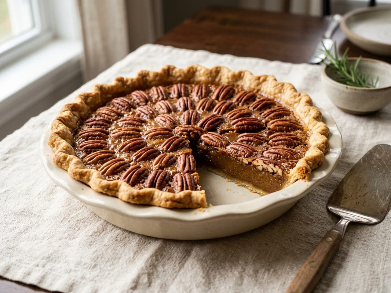 Pecan pie in a cream fluted ceramic pie dish, concentric rings of toasted pecan halves on a glossy amber filling inside a crimped golden crust, one wedge removed to show the set filling, a pie server resting on the linen beside it