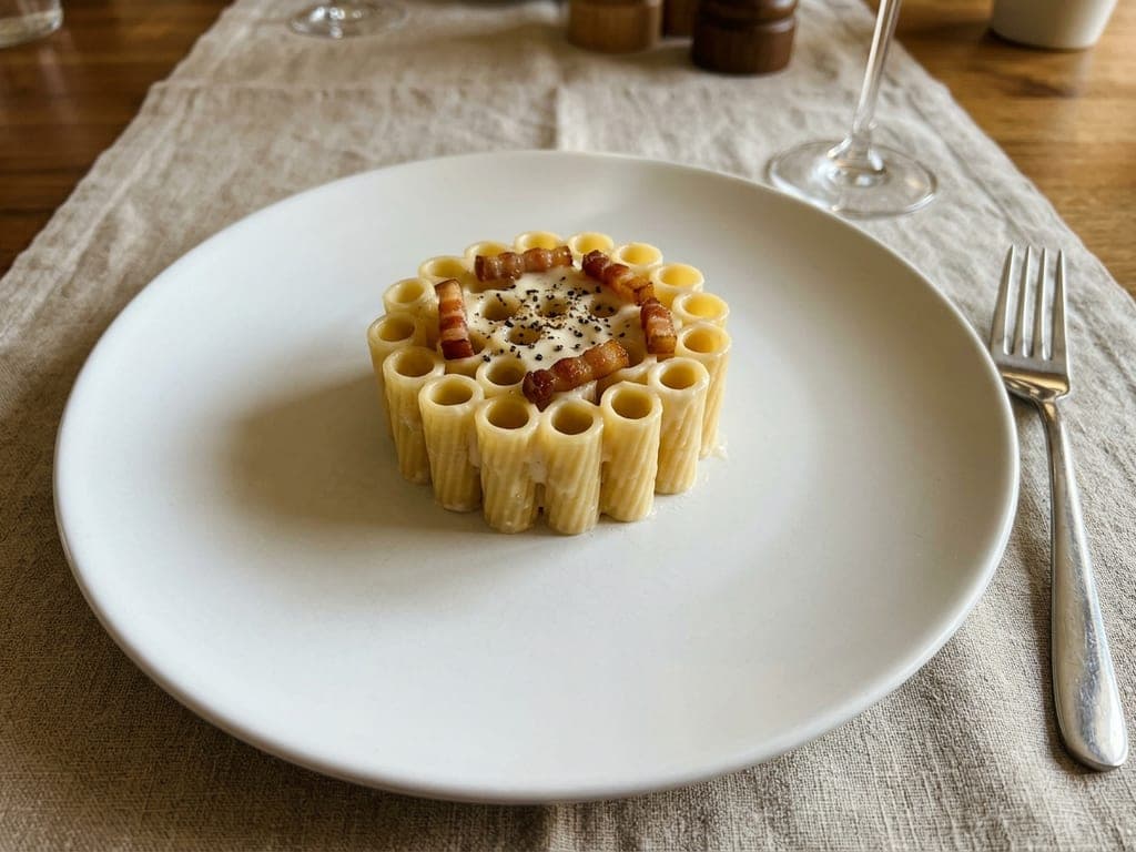 Pasta alla Gricia — The restaurant primo: standing rigatoni with pecorino crema