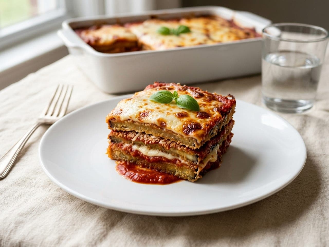 A square of layered eggplant Parmesan with browned cheese and a basil leaf on a white plate, the baking dish behind it