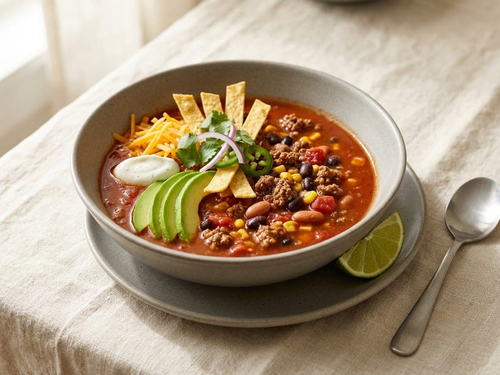 Taco Soup — The composed bowl: toppings in clusters, not a scatter