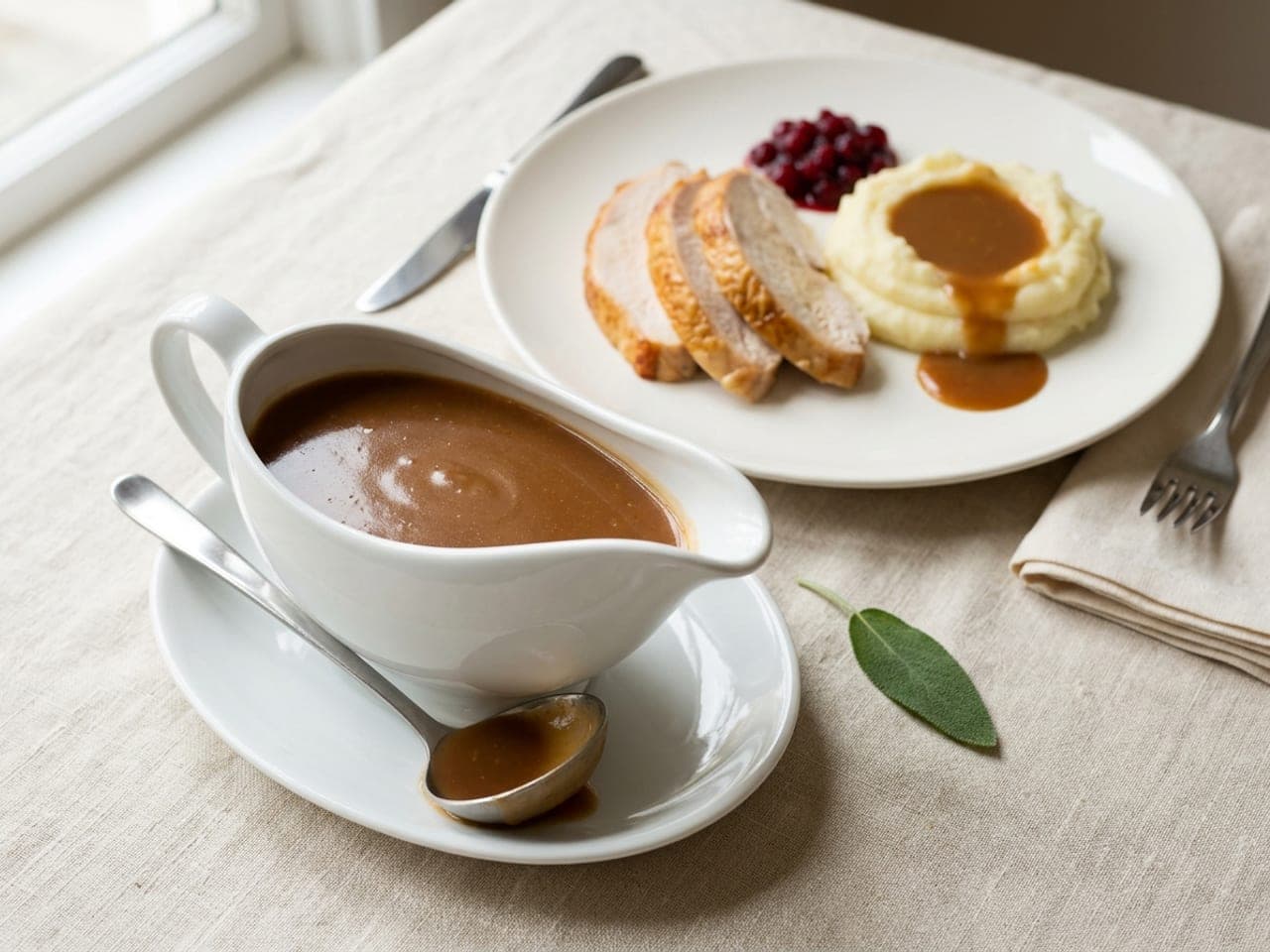 Glossy brown turkey gravy in a white gravy boat
