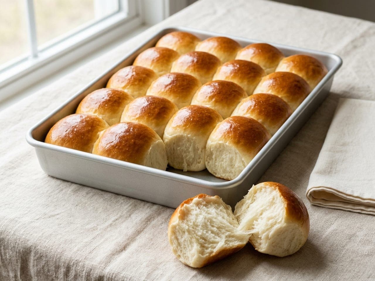 Soft golden dinner rolls baked together in a pan, glossy with butter