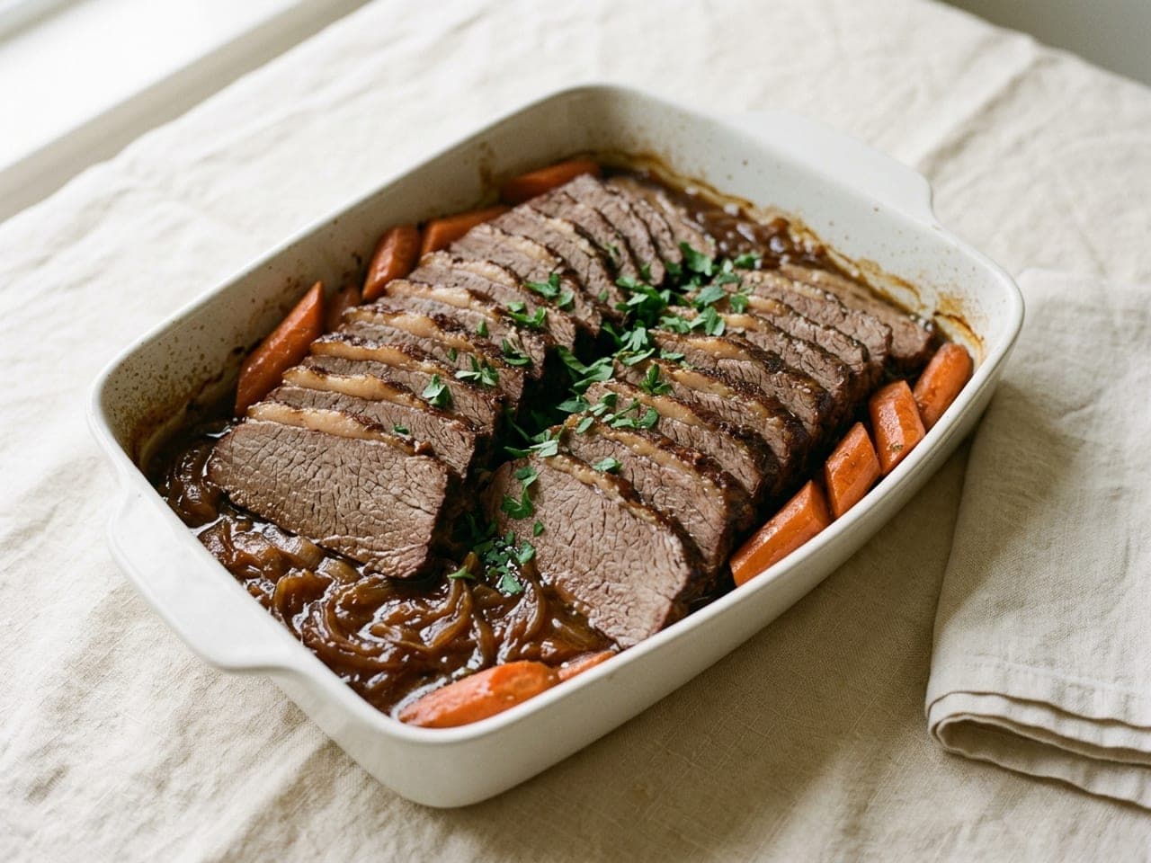 Sliced braised brisket shingled in a white baking dish with onion sauce, carrots and chopped parsley