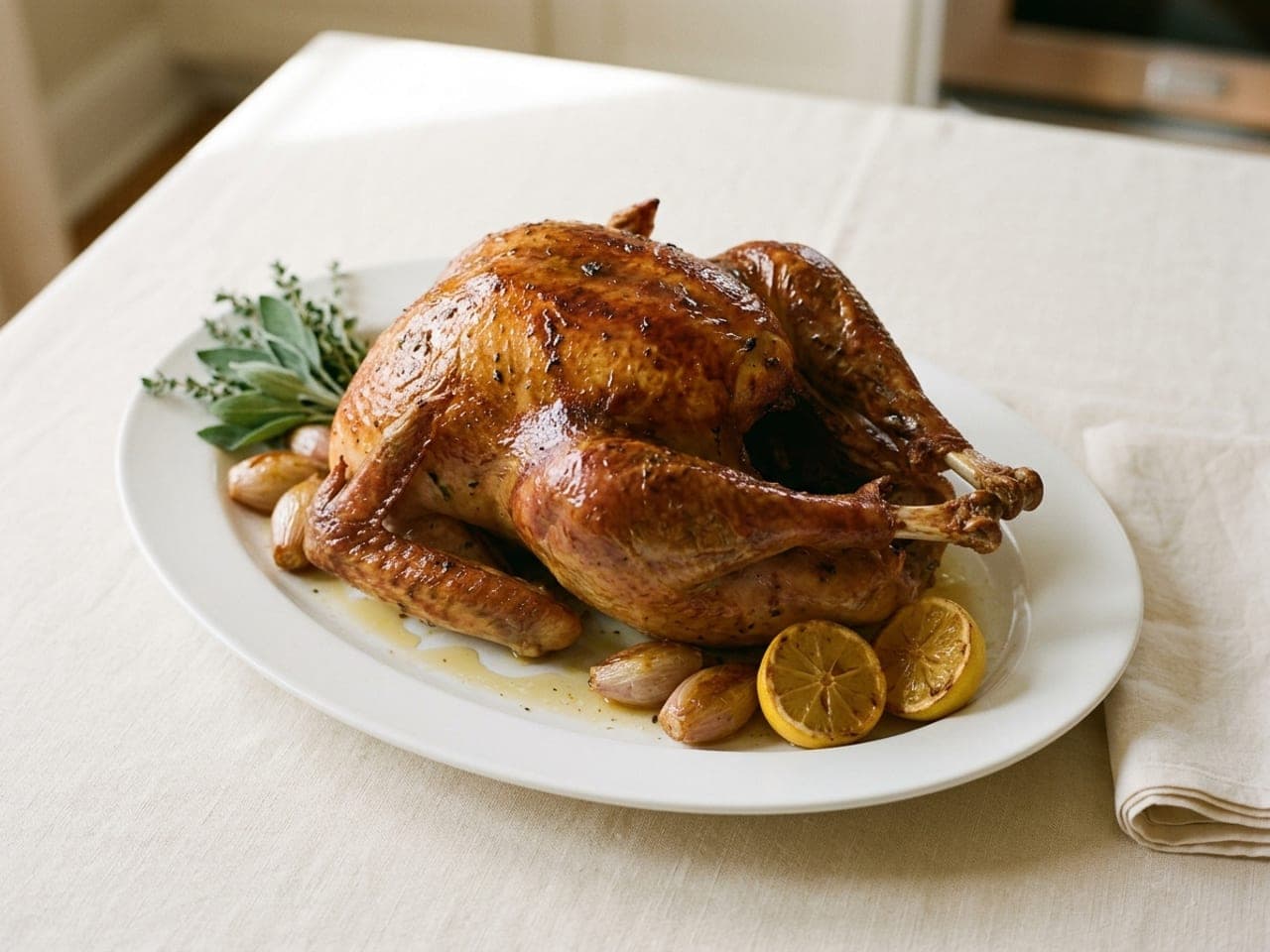 A whole golden roast turkey on a white oval platter with herbs, ready to carve