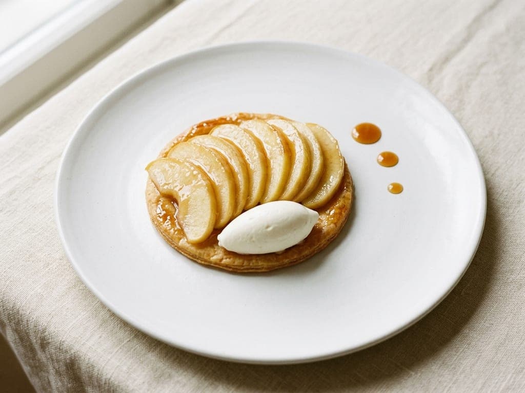Apple Pie Filling — Glazed apple fan on a crisp pastry disc