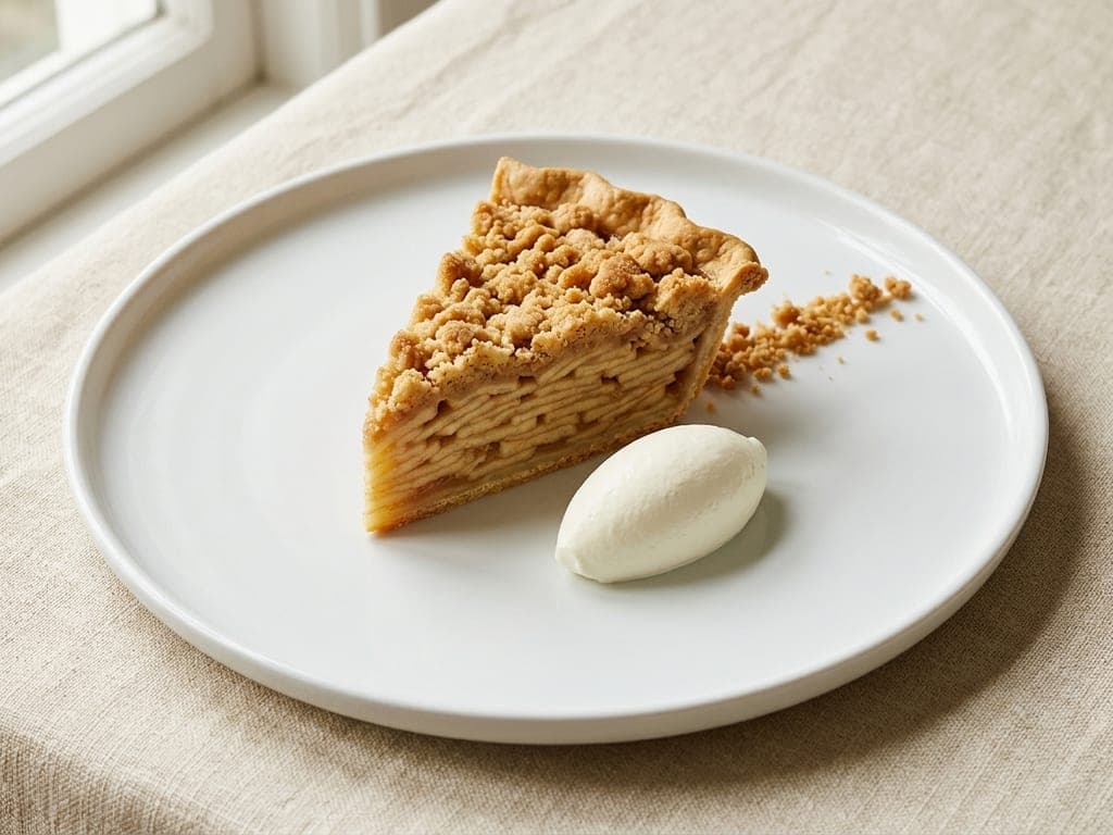 Dutch Apple Pie — The slice with a quenelle and loose crumbs