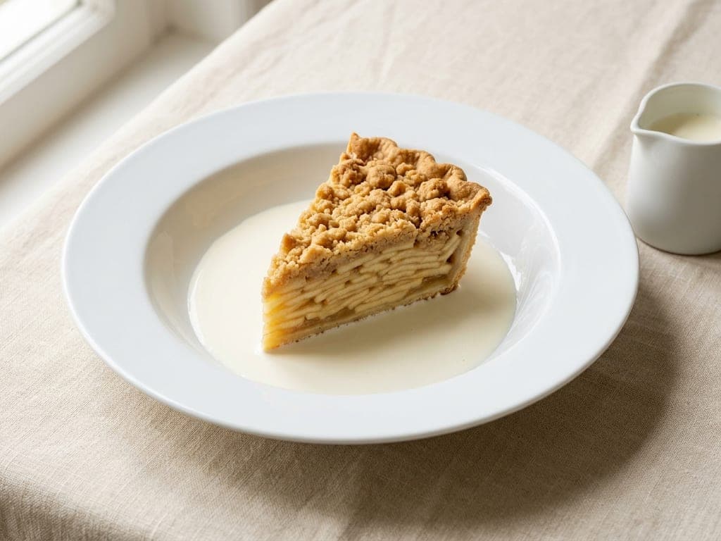 Dutch Apple Pie — The slice in a pool of cold cream