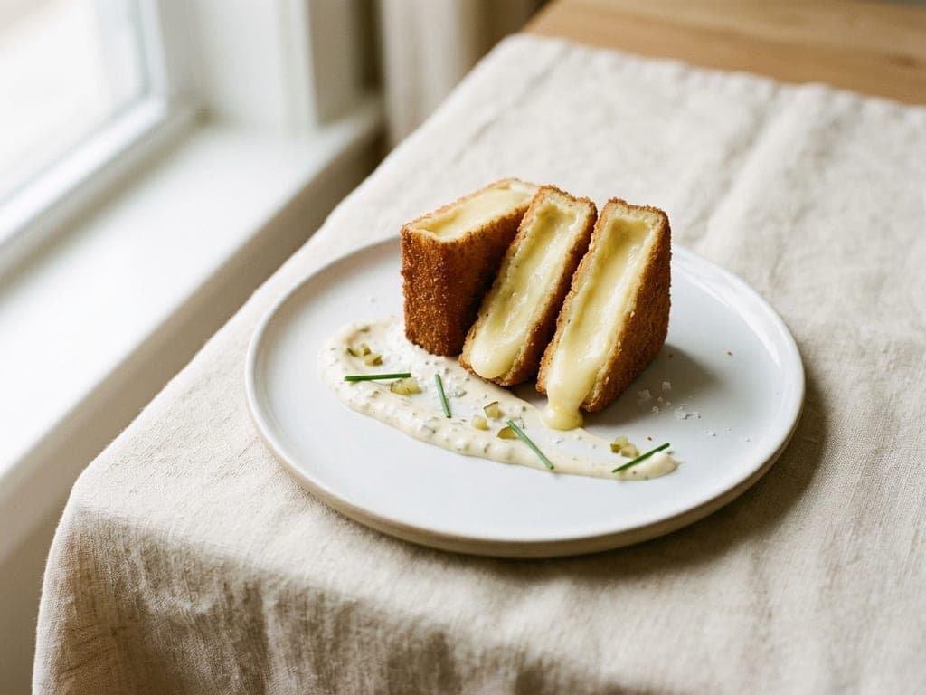 Smažený sýr (Czech fried cheese with tartar sauce) — Small plate: cut to show the melt