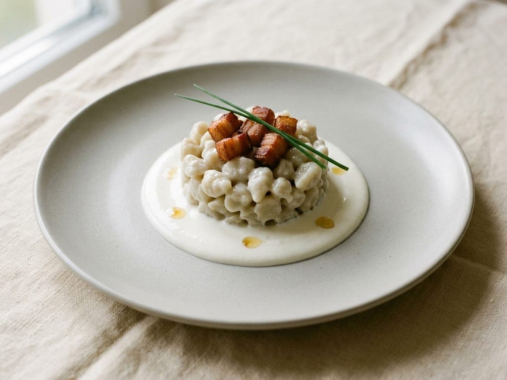 Bryndzové halušky (Slovak potato dumplings with sheep cheese) — Tasting-course portion on a bed of bryndza cream