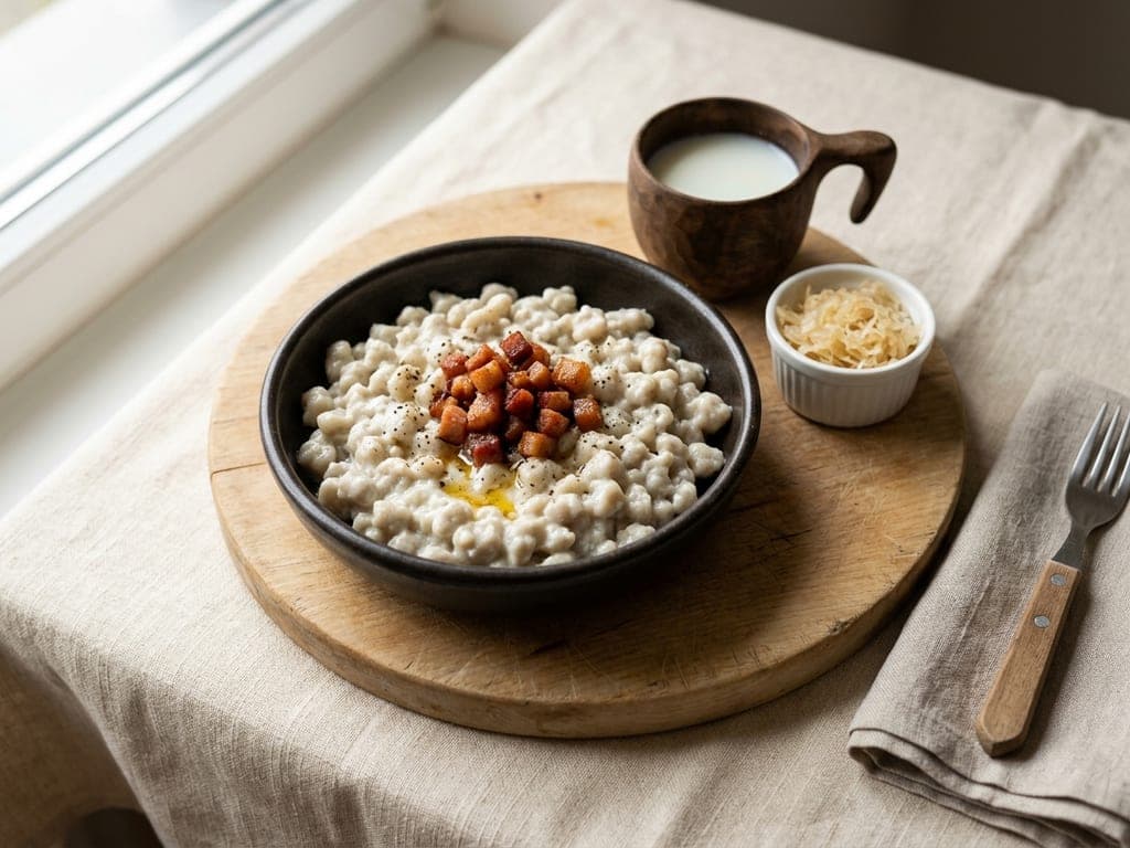 Bryndzové halušky (Slovak potato dumplings with sheep cheese) — The salaš board: a cup of whey and a nod to strapačky