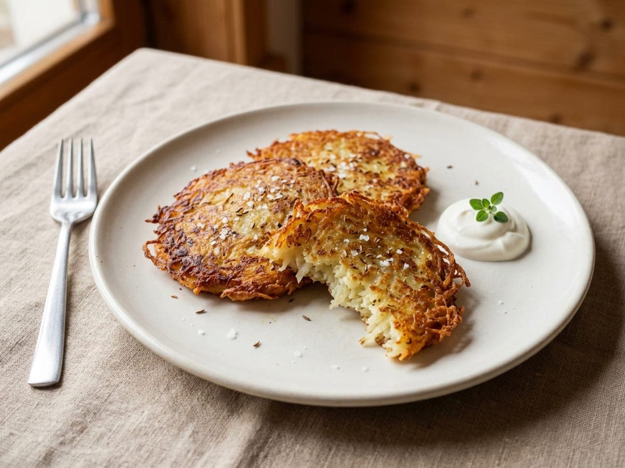Golden, lacy Czech potato pancakes on a plate with sour cream
