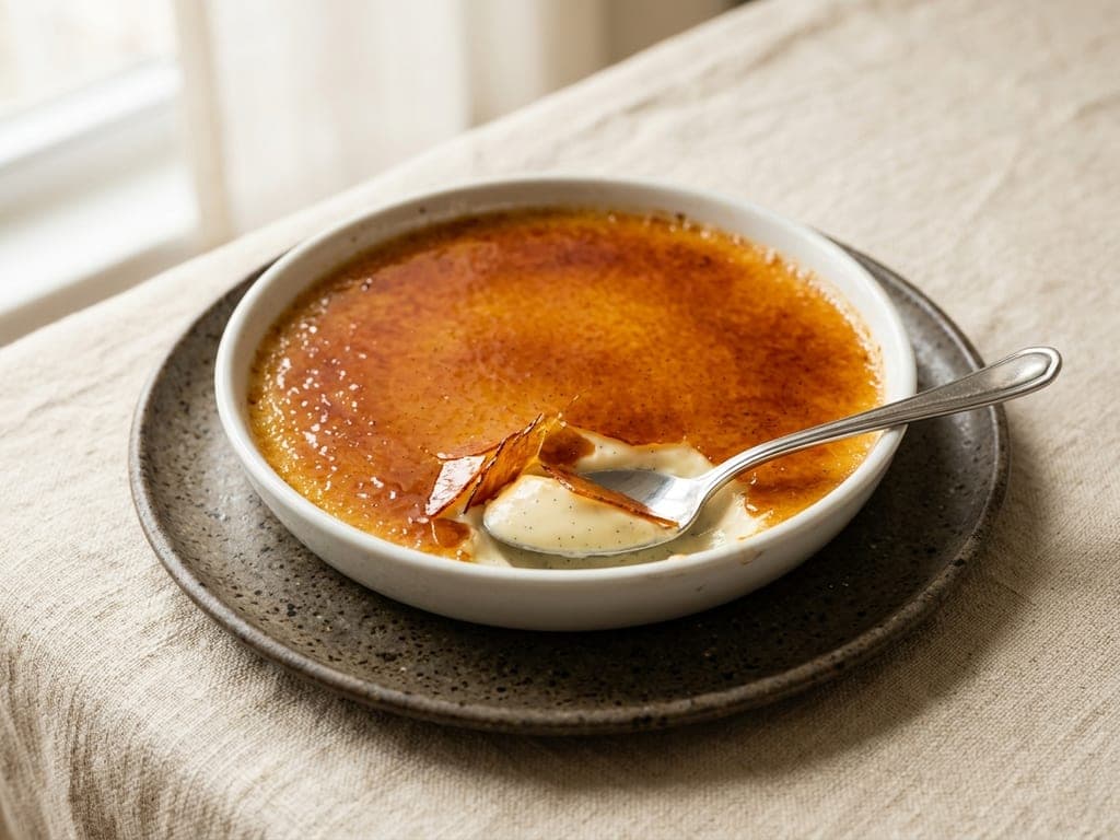 Crème brûlée in a shallow white dish, its glassy amber caramel crust cracked by a spoon to show the vanilla custard beneath