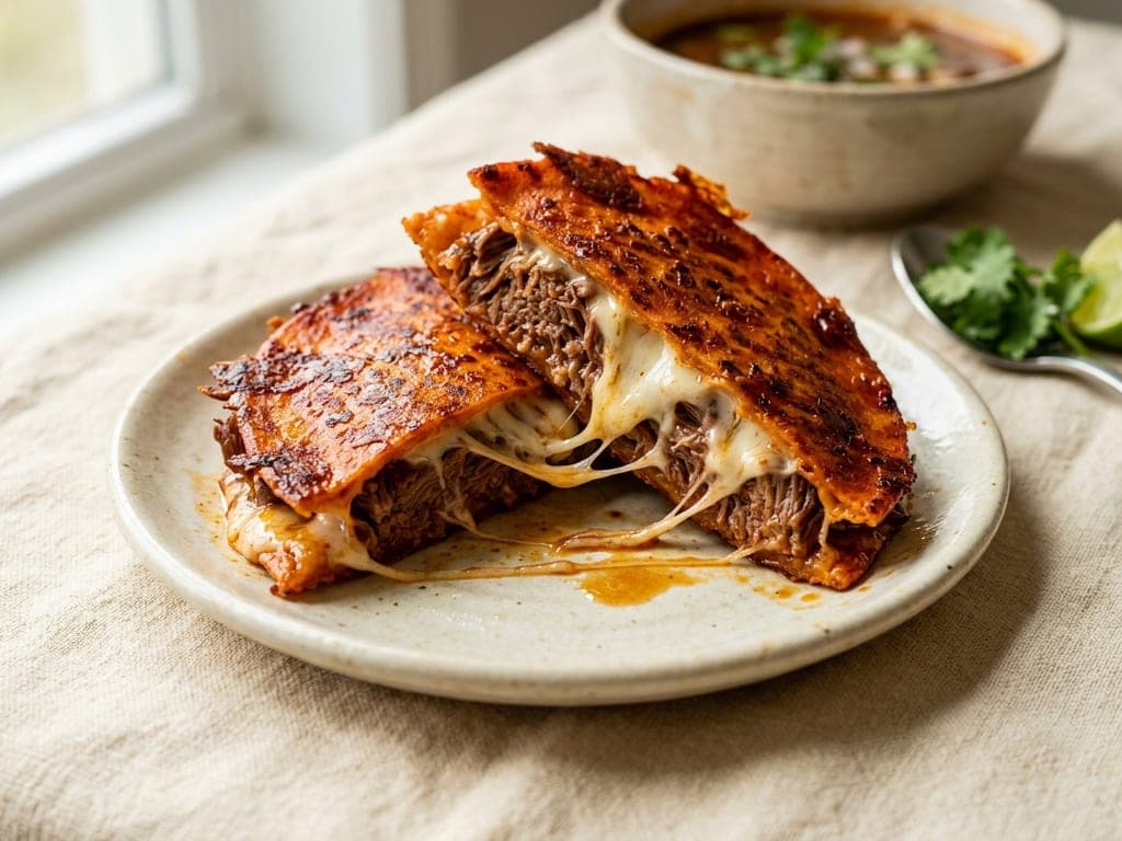 Quesabirria tacos — The cross-section pair