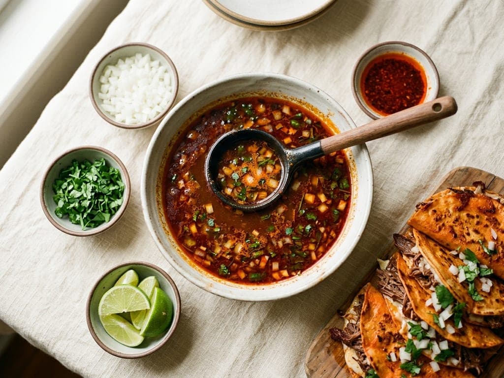 Birria consommé — The ladle moment