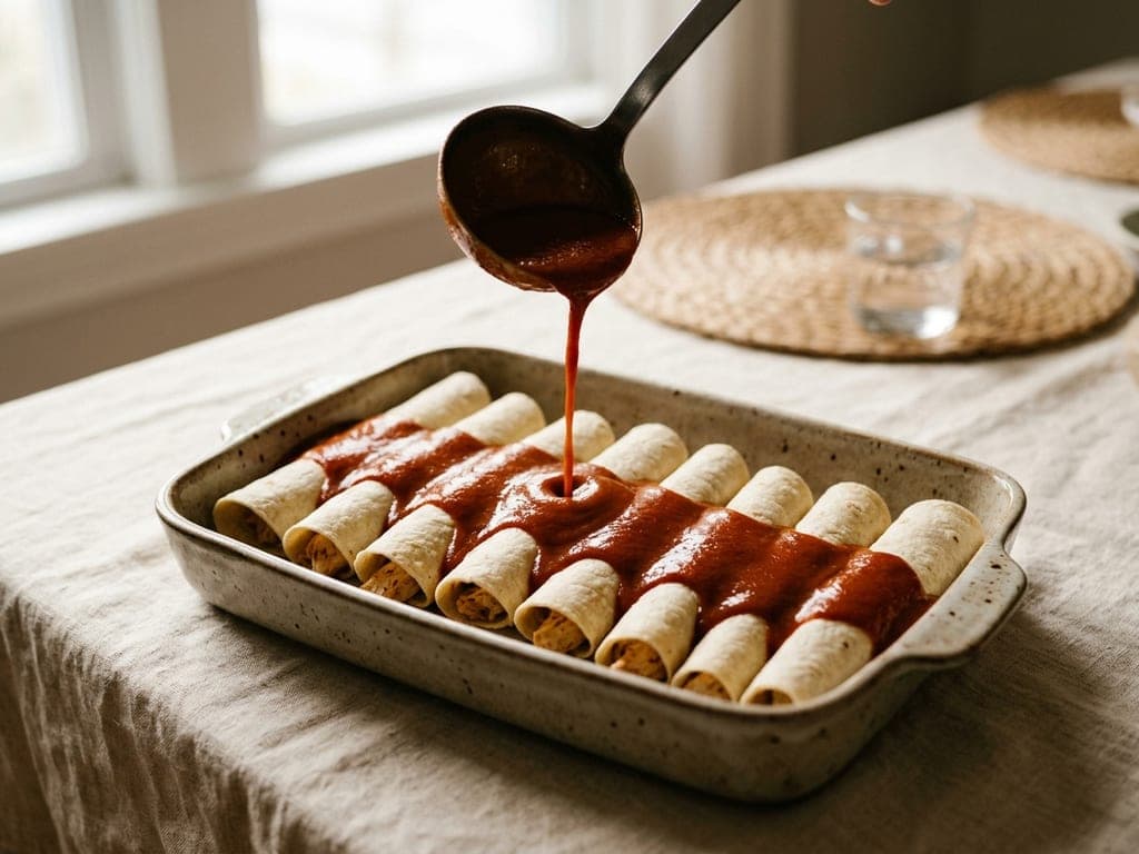 Enchilada sauce — The ladle over enchiladas