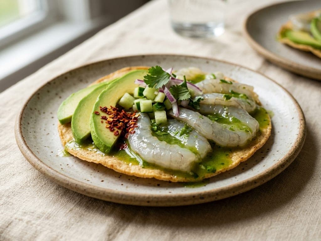 Aguachile — The tostada, dressed at the last second