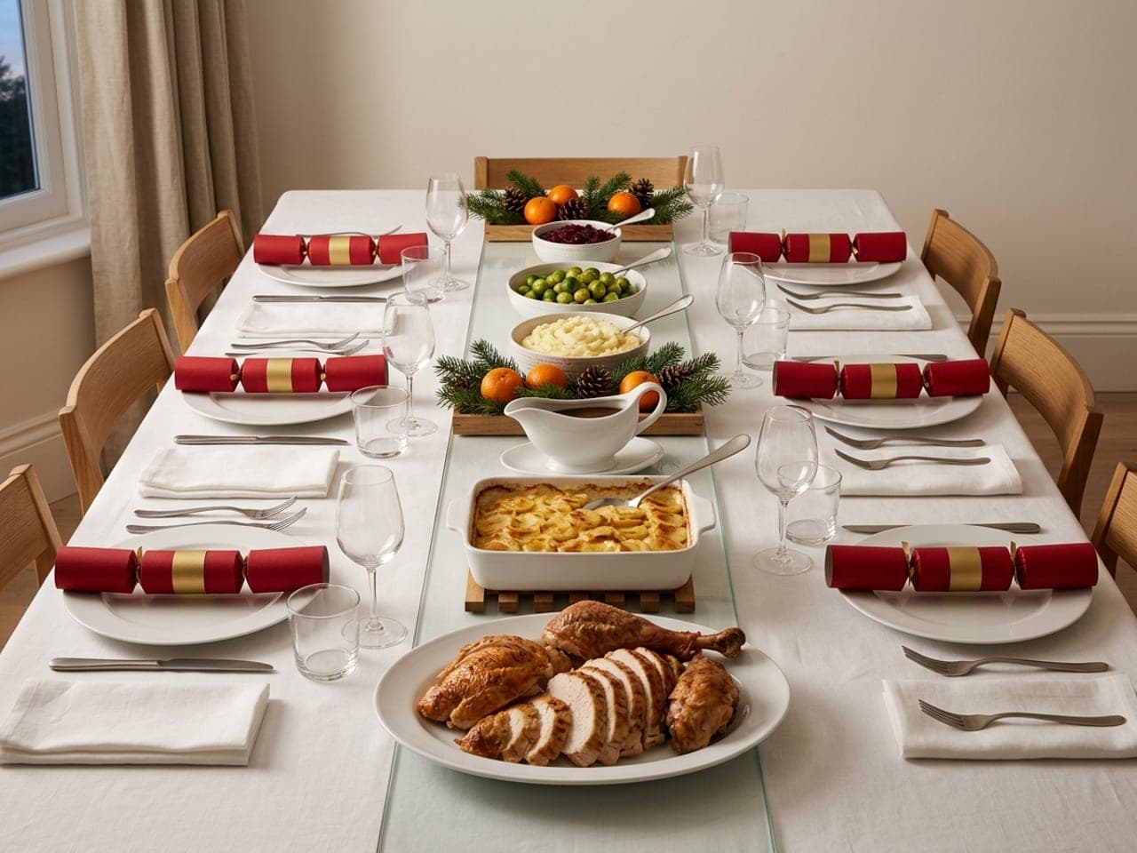 A long Christmas dinner table with the food on it: carved roast turkey on a white oval platter, scalloped potatoes in a baking dish on a trivet, a gravy boat, bowls of mashed potatoes, sprouts and cranberry sauce down a clear center strip, two low trays of fir sprigs, pine cones and clementines between the dishes, and a red Christmas cracker lying across each white plate