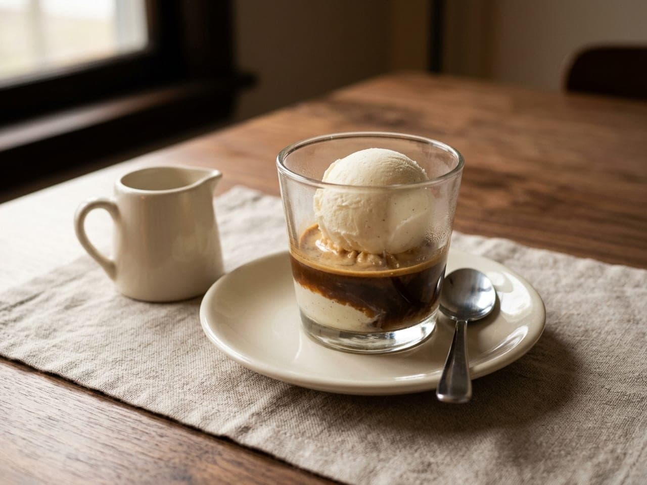 A scoop of vanilla ice cream in a small clear glass on a white saucer with dark espresso pooled around it