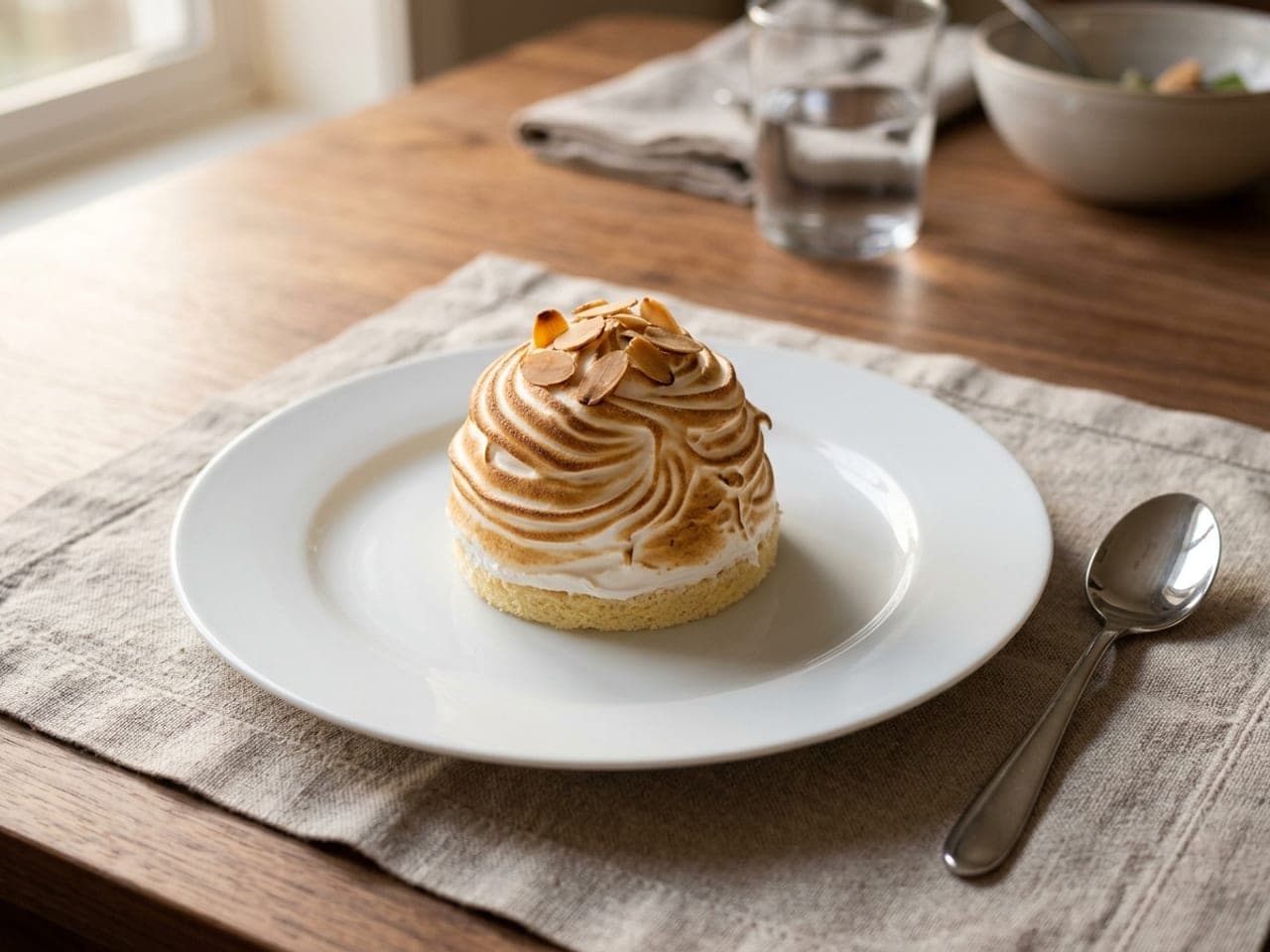 An individual baked Alaska on a white plate, a dome of swirled meringue with browned tips scattered with flaked almonds