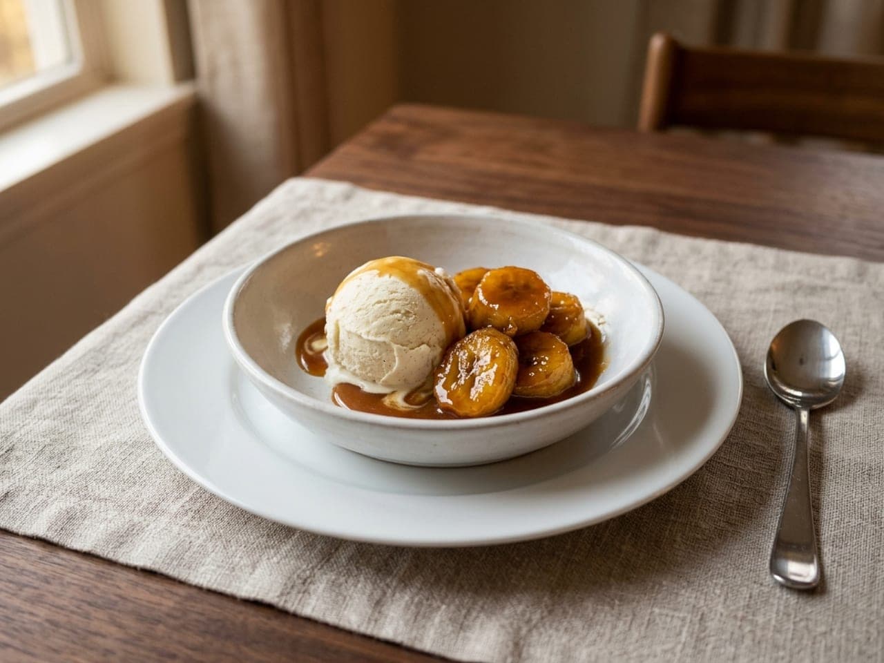 Caramelized banana pieces leaning against a scoop of vanilla ice cream in a shallow white bowl, amber rum caramel spooned over