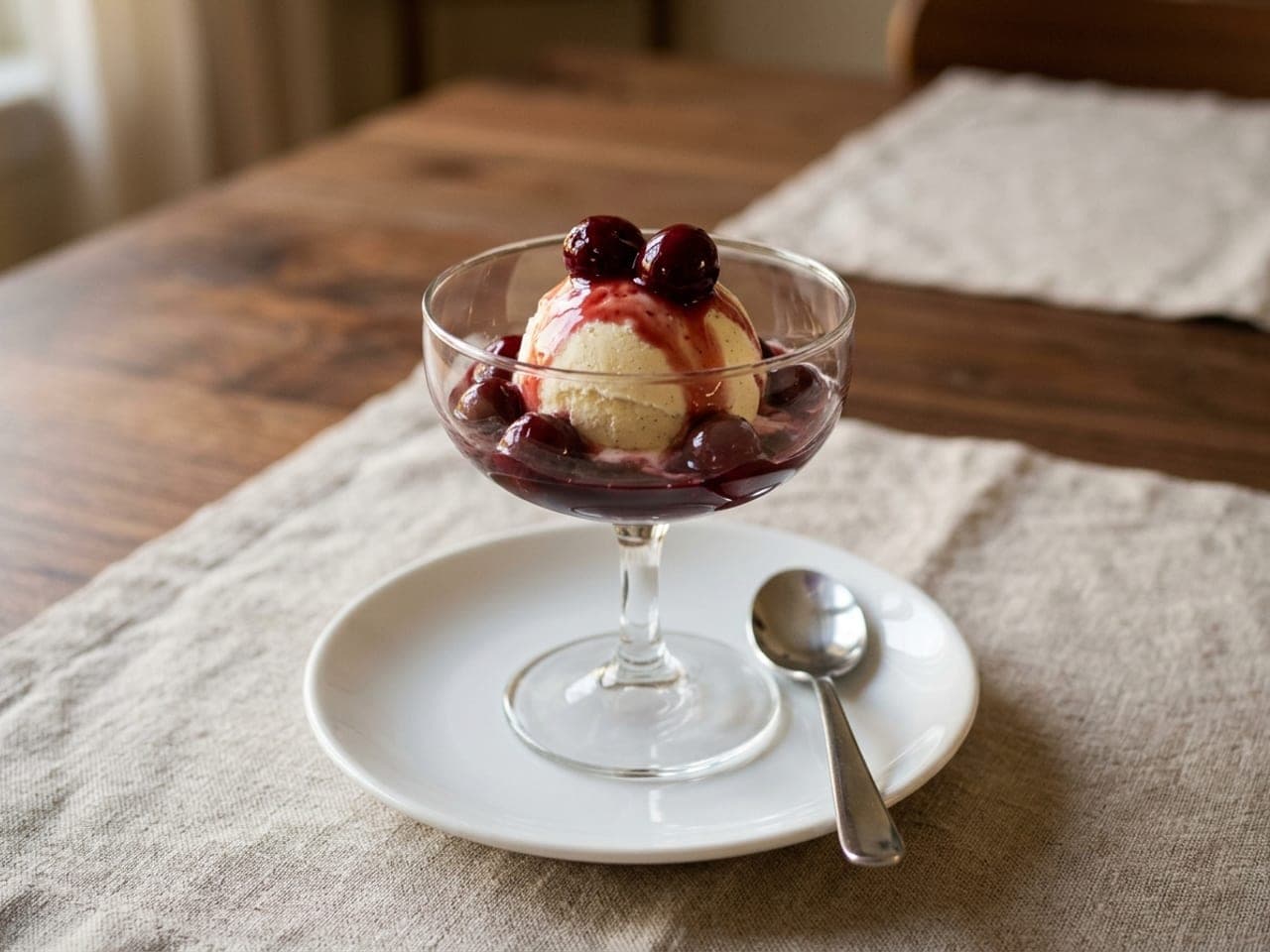 Warm dark cherries in glossy syrup spooned over a scoop of vanilla ice cream in a clear glass coupe on a white saucer