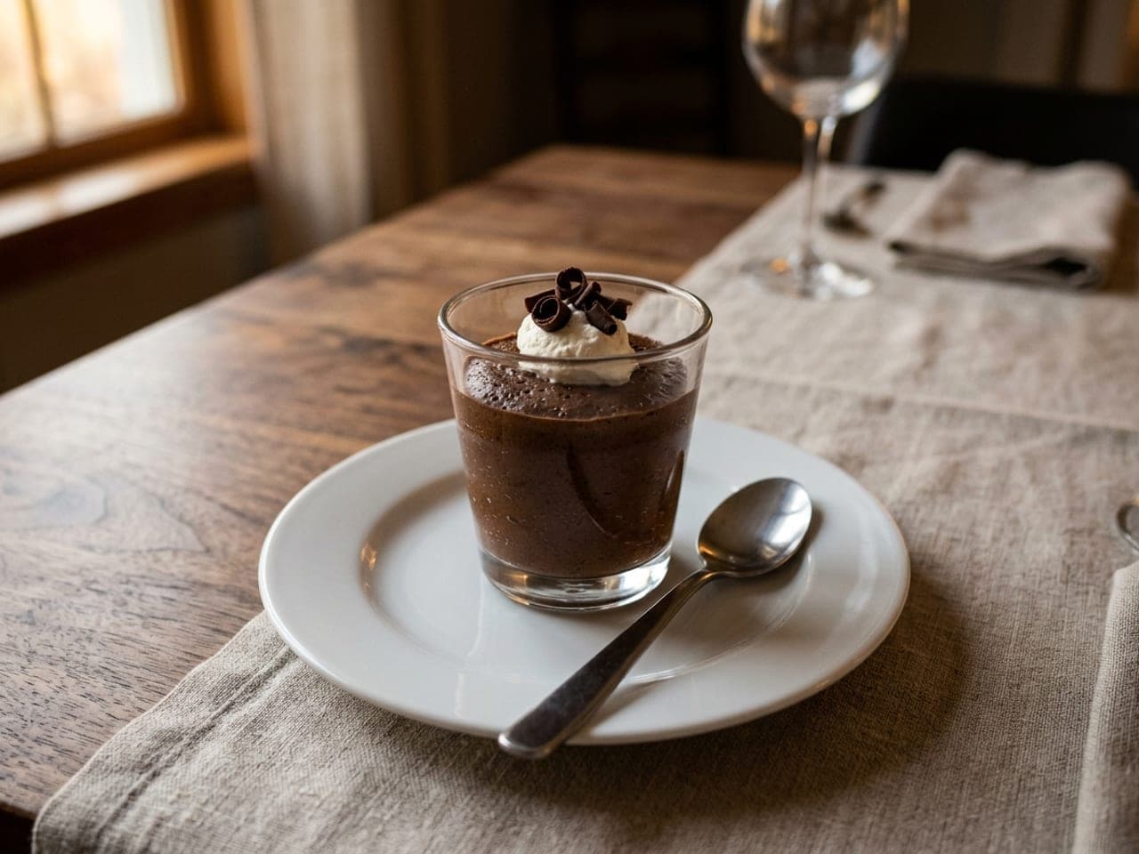 Dark chocolate mousse in a short clear glass on a small white plate, topped with a spoonful of whipped cream and chocolate curls